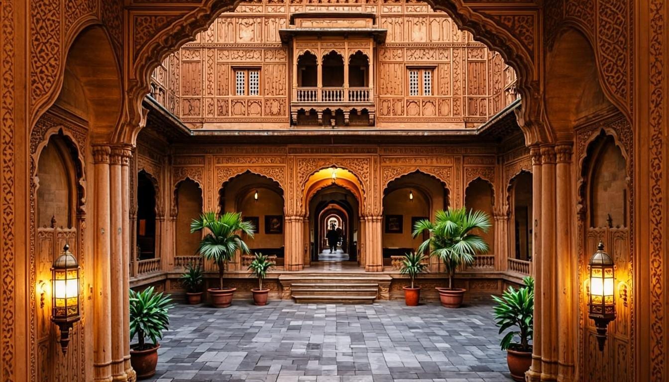 Courtyard of Haveli Aara glowing at dusk